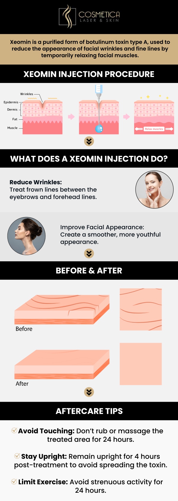 Xeomin is an injectable used to smooth frown lines between the eyebrows. It's a purified neurotoxin that doesn't contain accessory proteins, which may lower the risk of developing resistance over time. It offers a refreshed appearance that can last for several months. At Cosmetica Laser & Skin, our experienced professionals ensure precise and personalized treatment, helping you achieve natural-looking results with minimal downtime. For more information, contact us or schedule an appointment online. We are conveniently located at 8225 Mid-Cities Blvd #300, North Richland Hills, TX 76182.