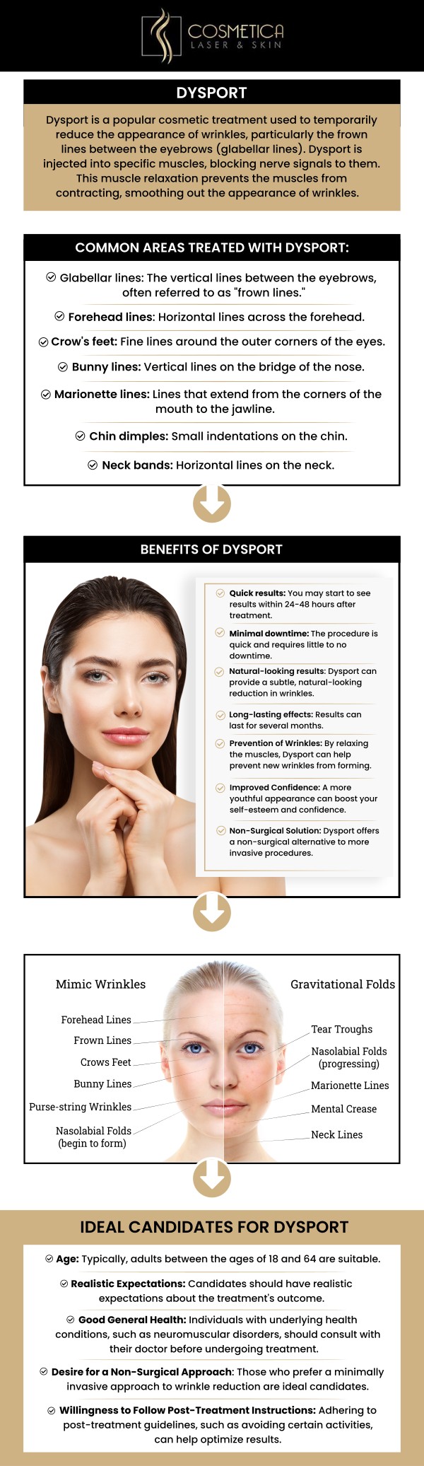 Dysport is an injectable treatment that reduces the appearance of frown lines and wrinkles, resulting in a smoother, more youthful appearance. It works by temporarily relaxing facial muscles, providing natural-looking results. At Cosmetica Laser & Skin in North Richland Hills, TX, our team tailors each treatment to meet your unique aesthetic goals. For more information, contact us or schedule an appointment online. We are conveniently located at 8225 Mid-Cities Blvd #300, North Richland Hills, TX 76182.
